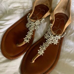 Jessica Simpson Tan Sandals with Silver Floral Embellishments